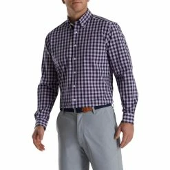 FootJoy Stretch Woven Gingham Shirt -Golf Bag Sales footjoy stretch woven gingham shirt lavender navy 01 74945.1671651403