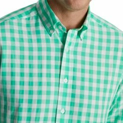 FootJoy Stretch Woven Gingham Shirt -Golf Bag Sales footjoy stretch woven gingham shirt light sea green white 03 39463.1671652801